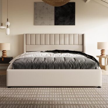 Esbjerg Elegant Bed 160x200 cm with Storage – Beige Linen