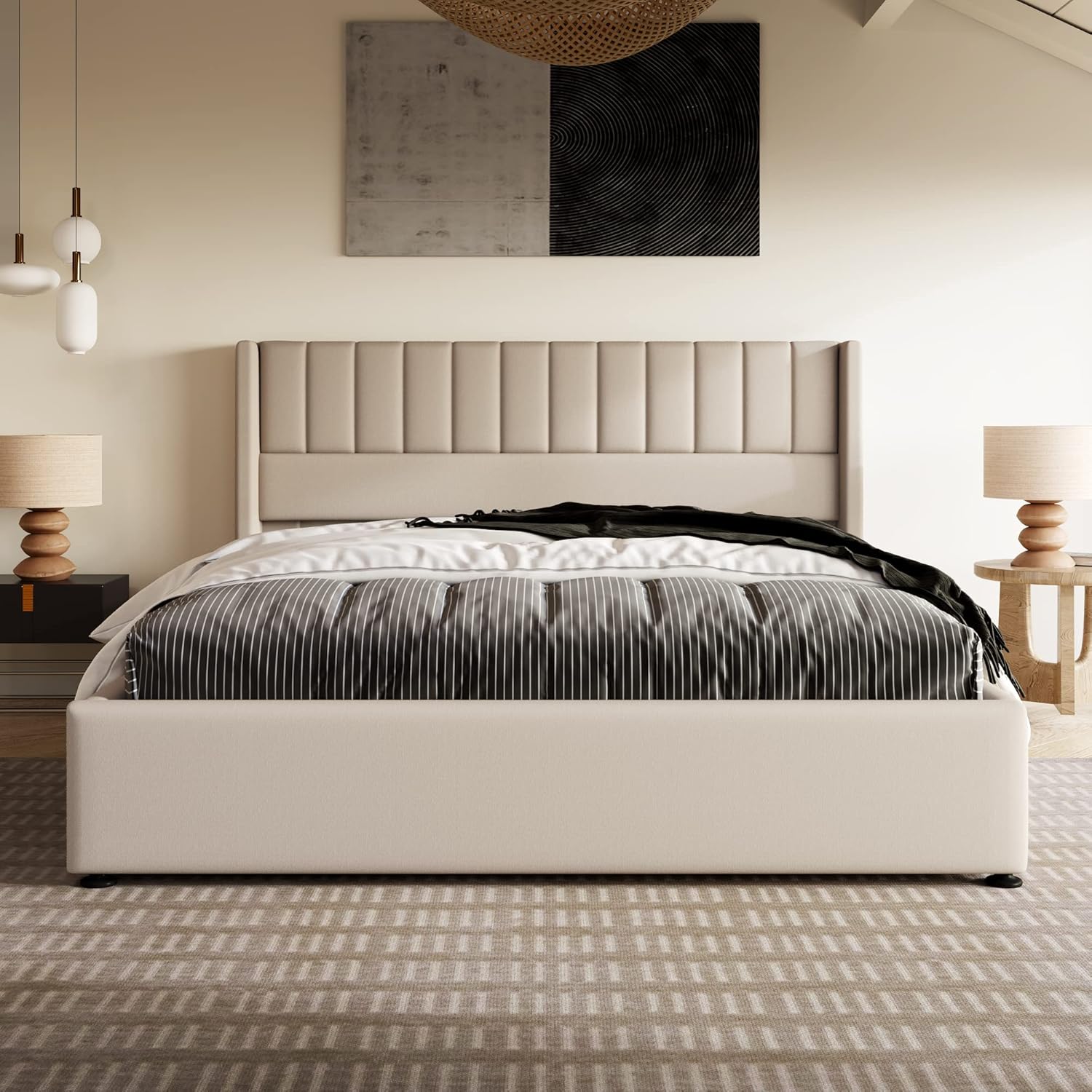 Esbjerg Elegant Bed 160x200 cm with Storage – Beige Linen
