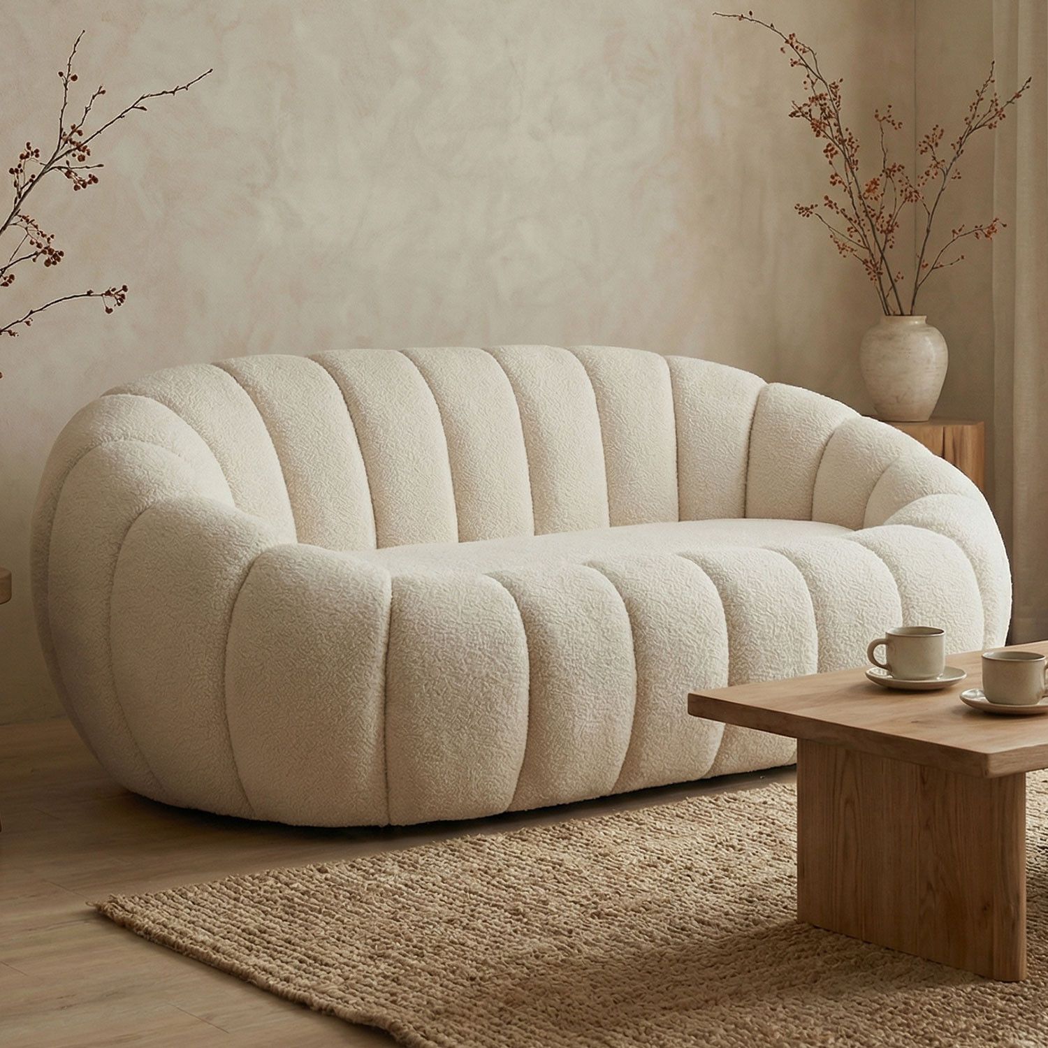 Horsens 2-Seater Sofa – Shell Design, Cream Bouclé Fabric - Image 2