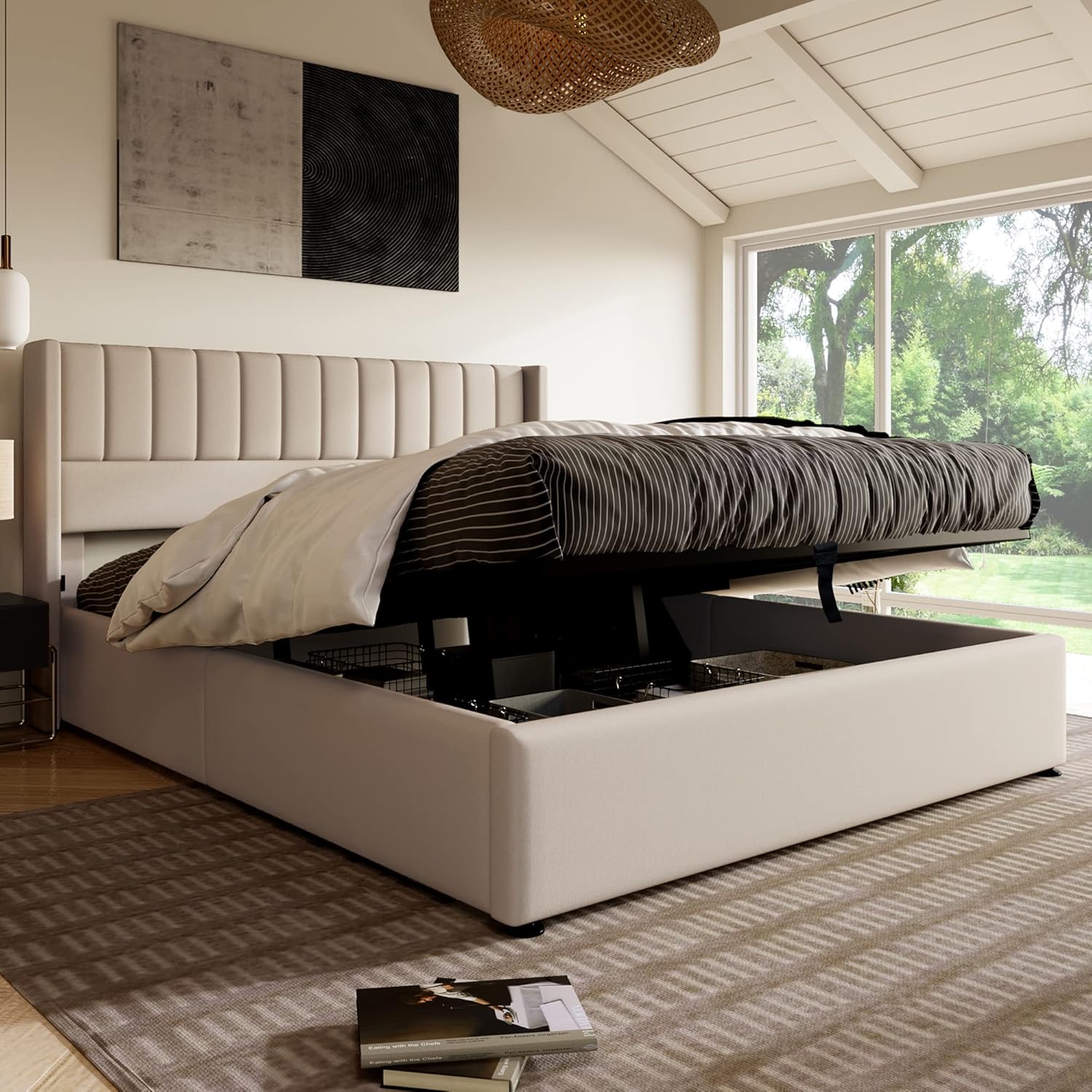 Esbjerg Elegant Bed 160x200 cm with Storage – Beige Linen - Image 2